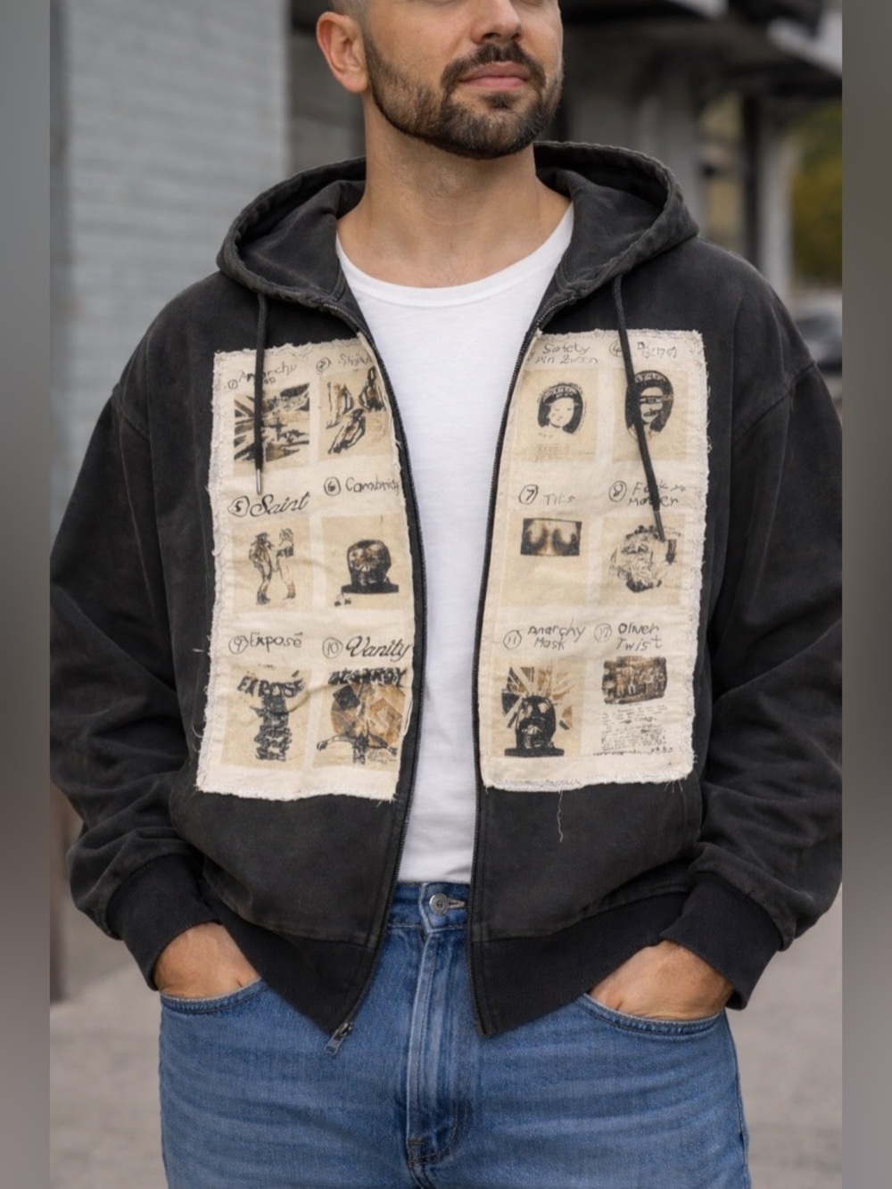 SAINT VANITY Hoodie XL Black Distressed Split Front Patchwork Graphic Streetwear